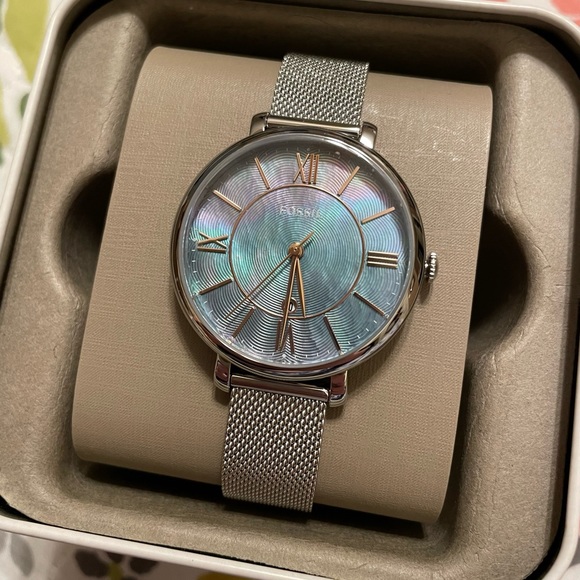 New Fossil Watch Jacqueline Silver Stainless Chain Band Iridescent - Picture 2 of 6
